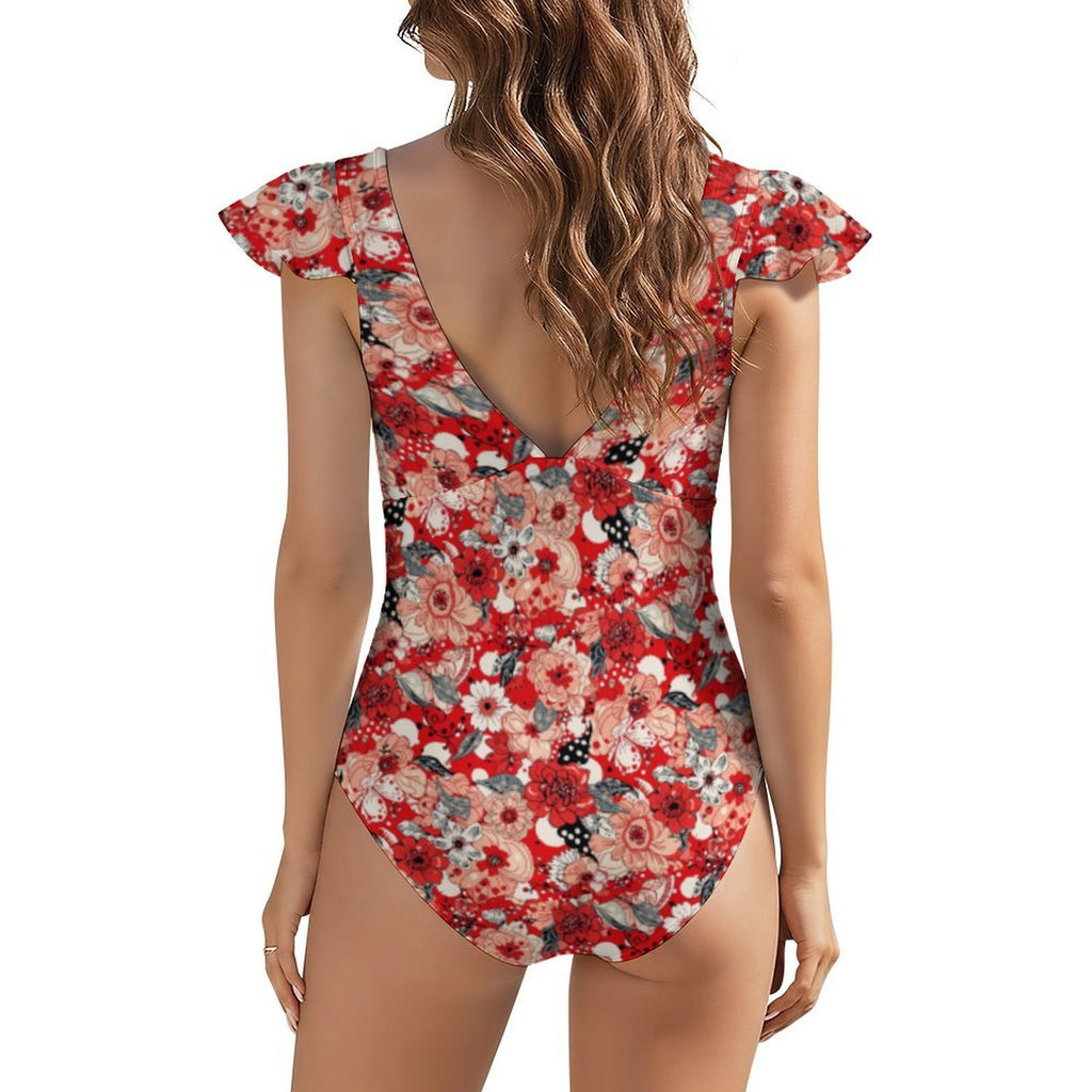 Custom Women's Deep V Neck Ruffle Sleeve High Cut One Piece Swimsuit