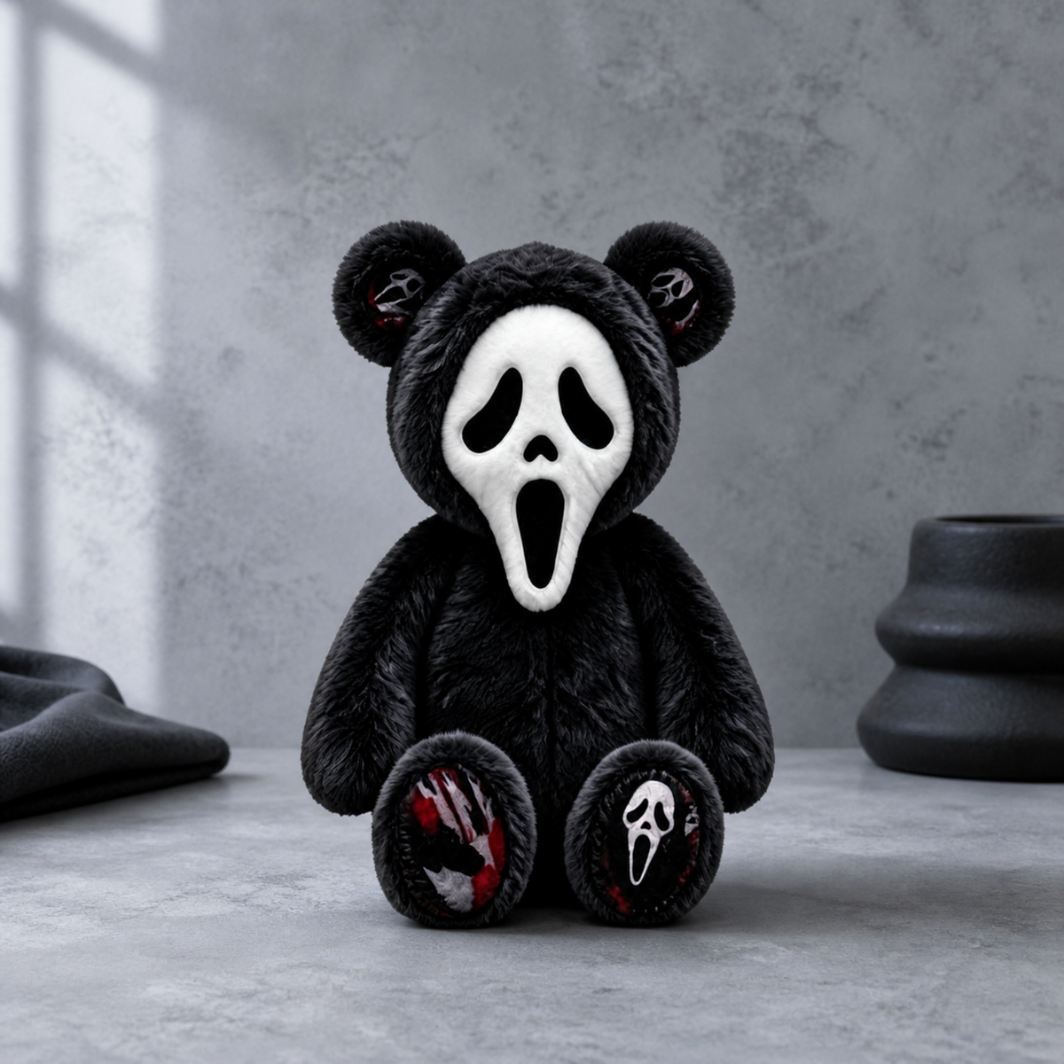 Black Bear Ghost Face Plush – Cute Spooky Halloween Stuffed Bear Toy, Gothic Horror Gift for Halloween Lovers