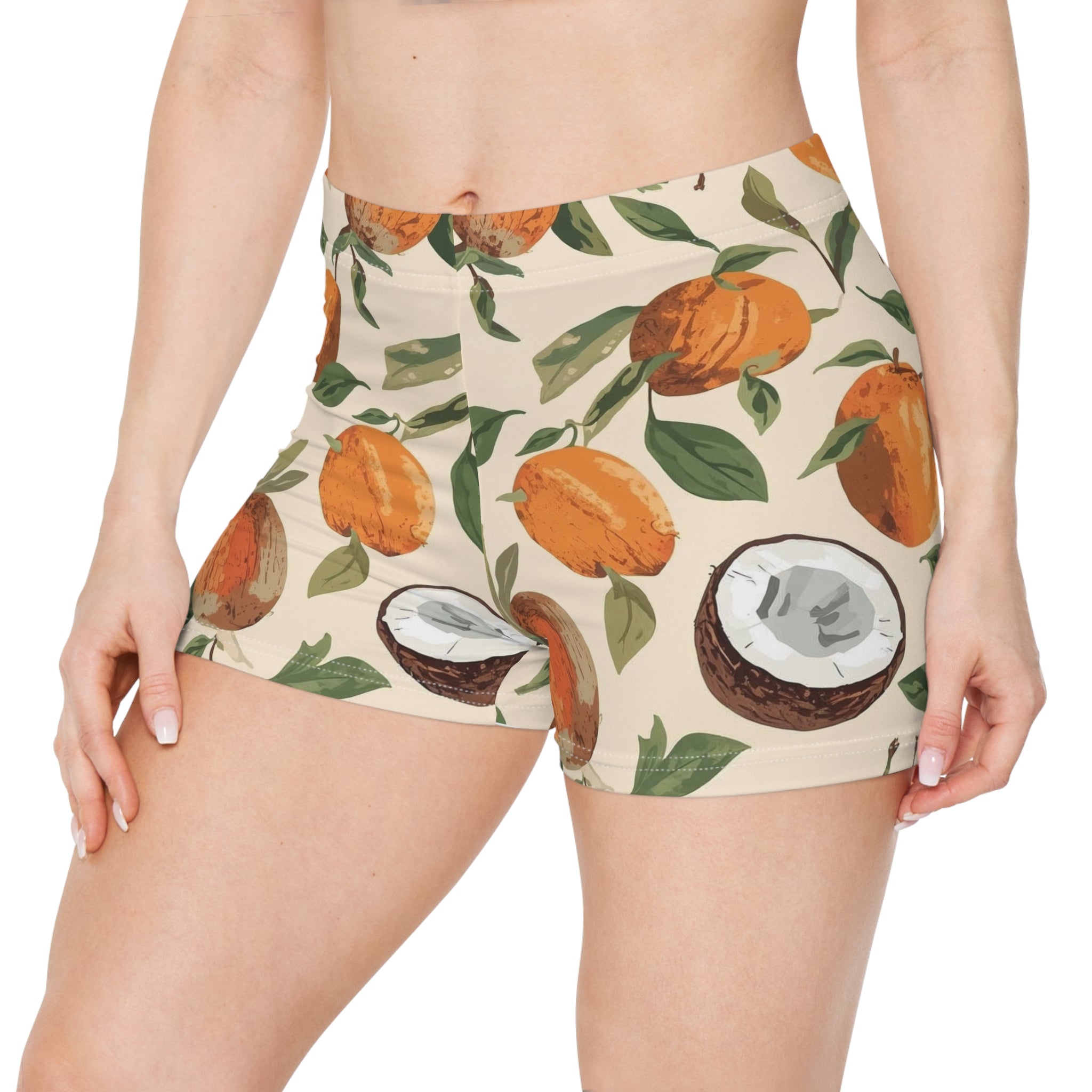 Citrus Coconut Print Women's Shorts — Tropical Fruit All-Over-Print Active Shorts