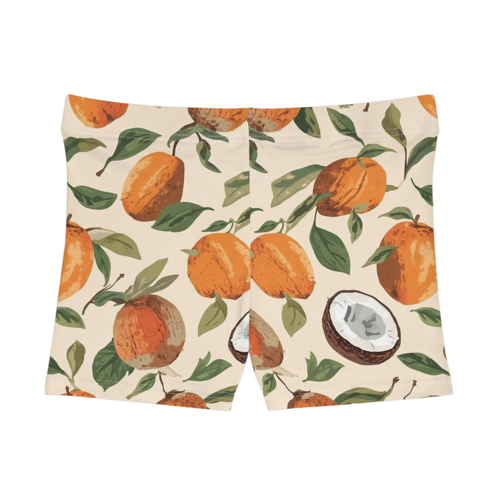 Citrus Coconut Print Women's Shorts — Tropical Fruit All-Over-Print Active Shorts