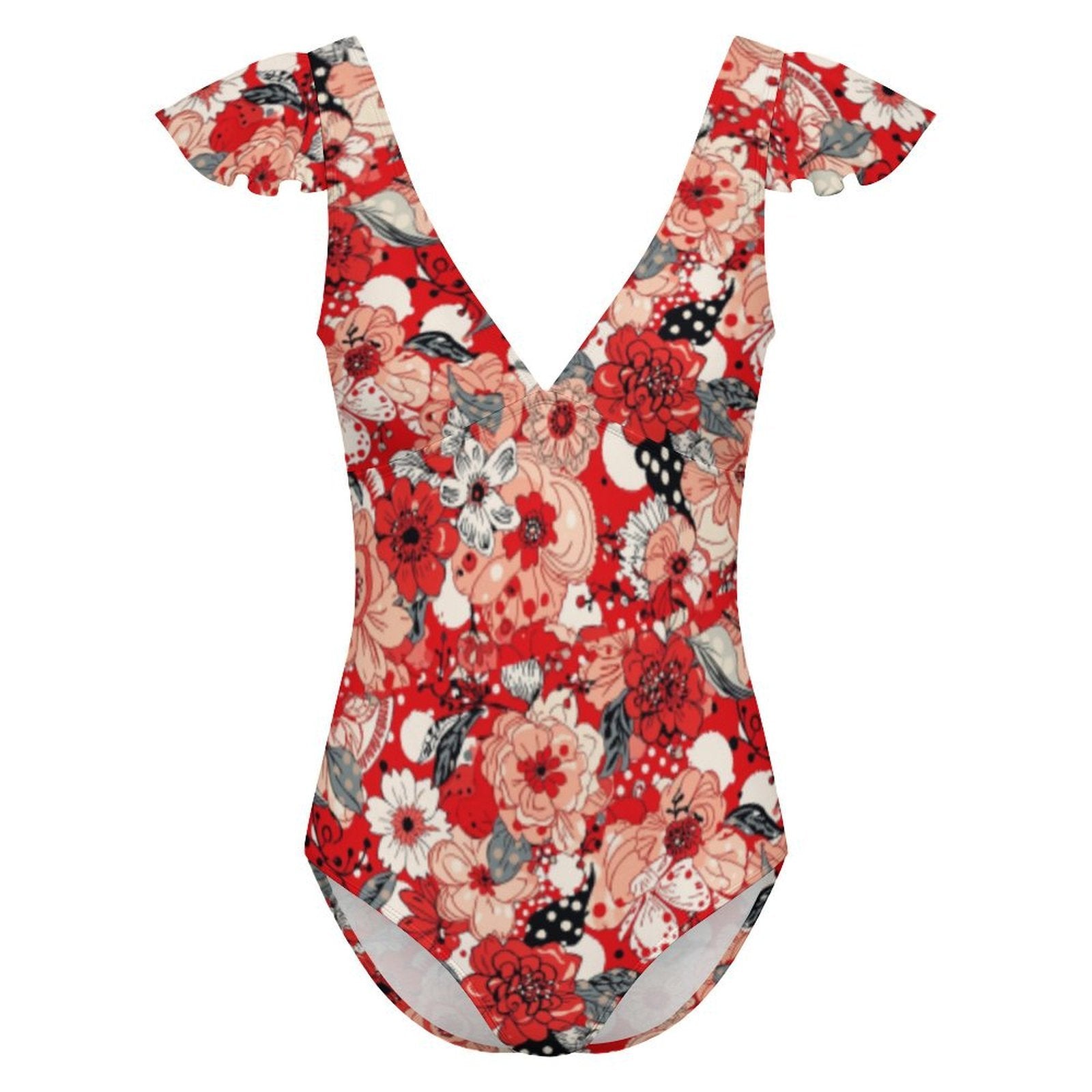 Custom Women's Deep V Neck Ruffle Sleeve High Cut One Piece Swimsuit
