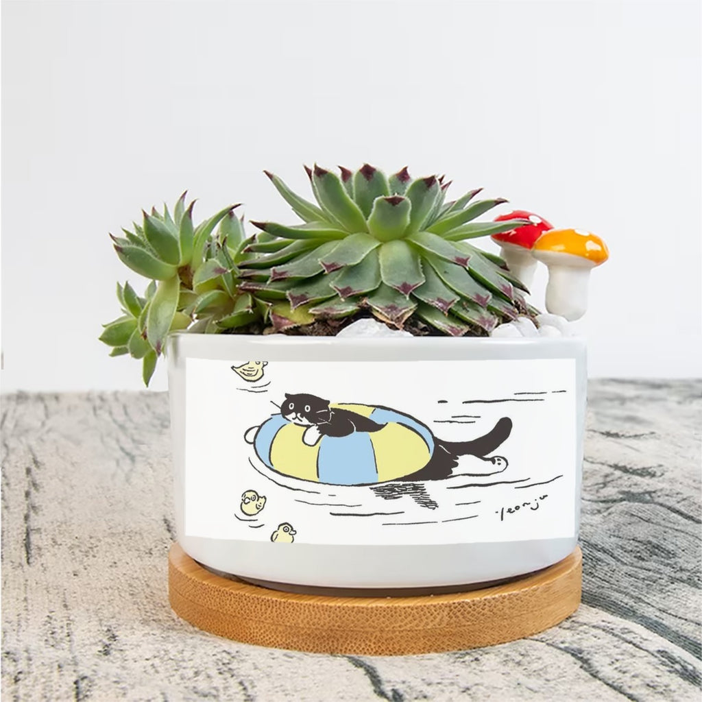 Float And Cat Funny Single Side Printing Flowerpot