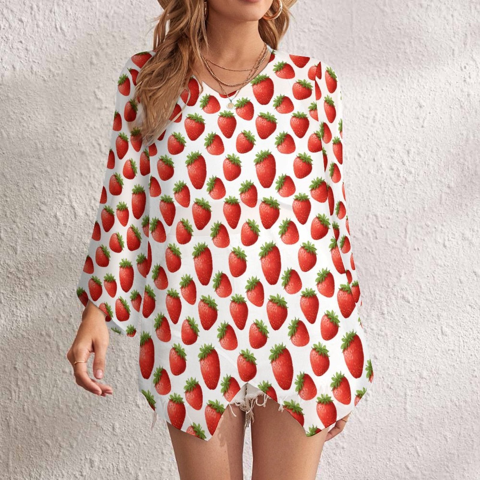 Custom Women's V Neck Bell Sleeve Asymmetrical Hem Chiffon Blouse Top