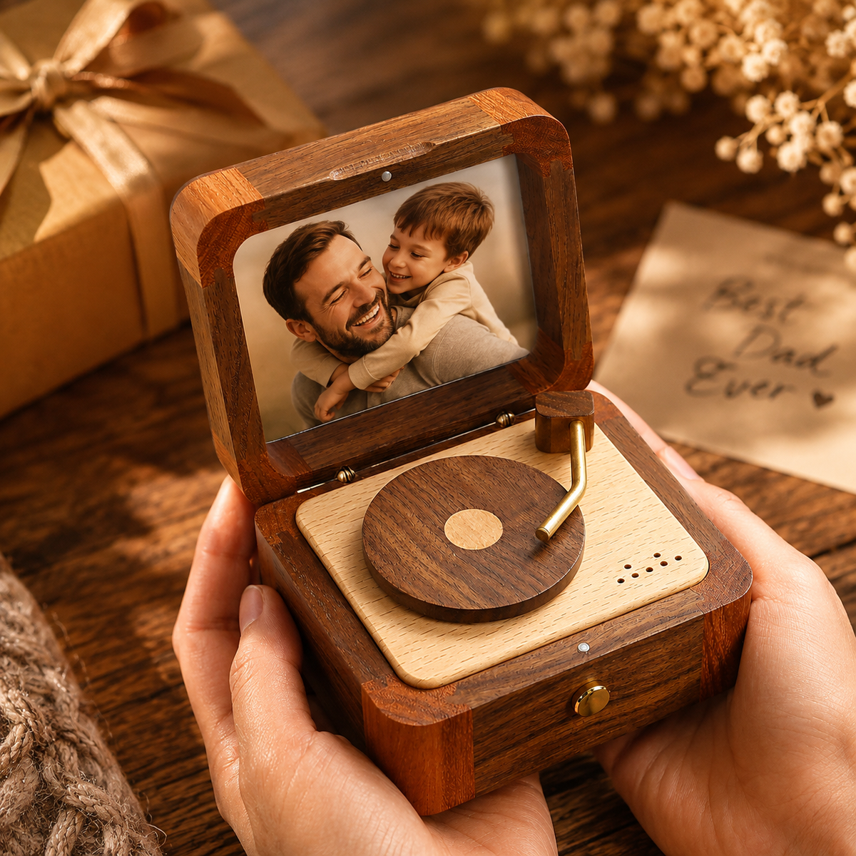 Personalized Halloween Photo Music Box, Custom Wooden Record Player Keepsake, Vintage Memory Gift for Dad, Husband & Him