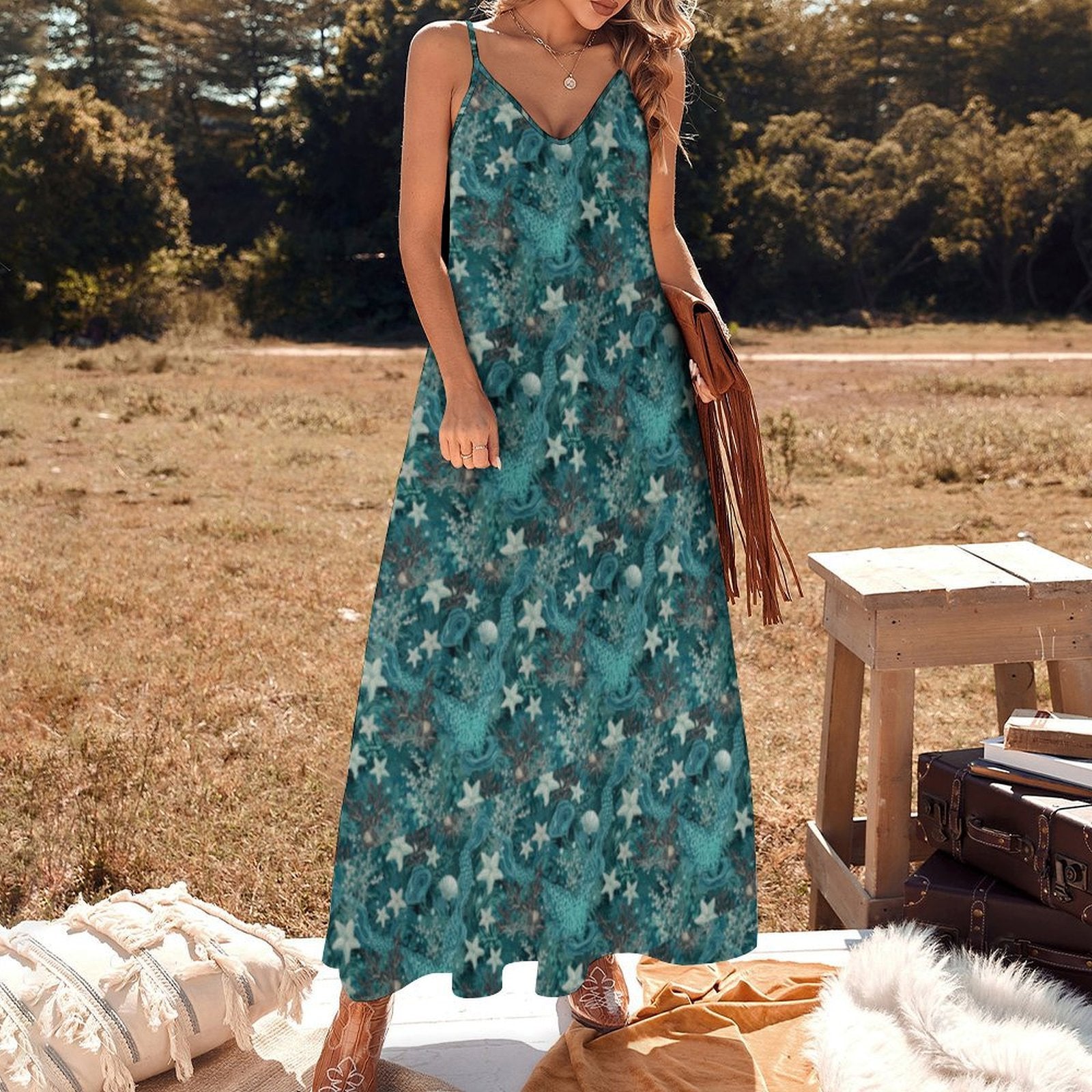 Women's Spaghetti Strap V-Neck Maxi Dress