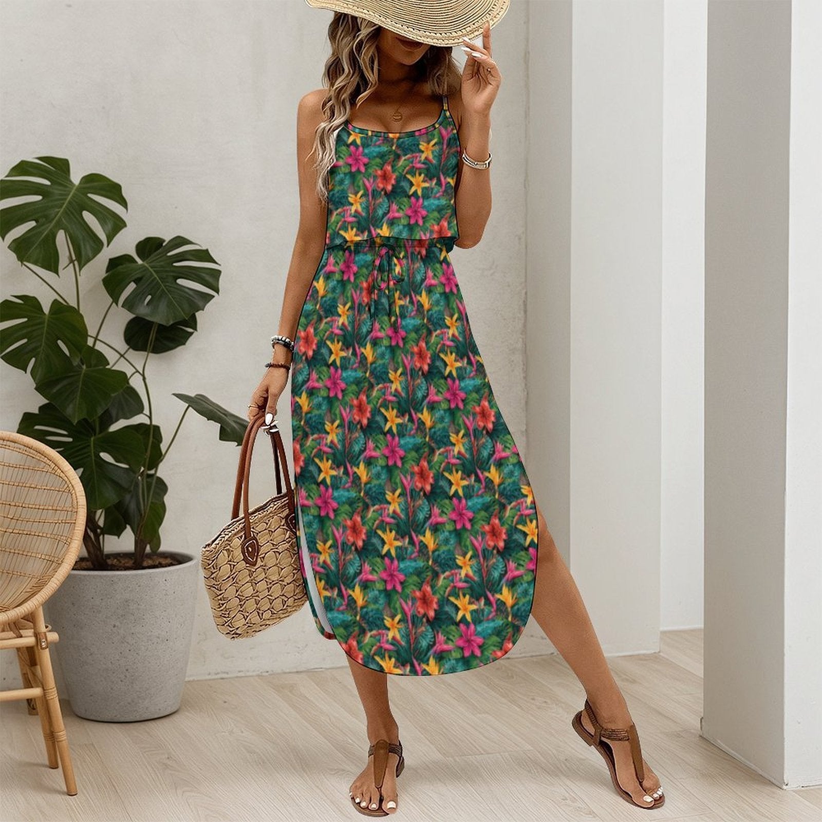 Custom Womens Spaghetti Strap Tie Waist Midi Dress