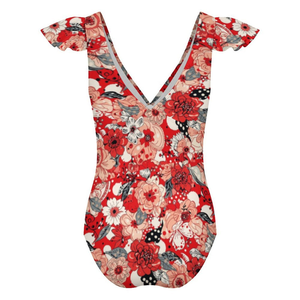 Custom Women's Deep V Neck Ruffle Sleeve High Cut One Piece Swimsuit