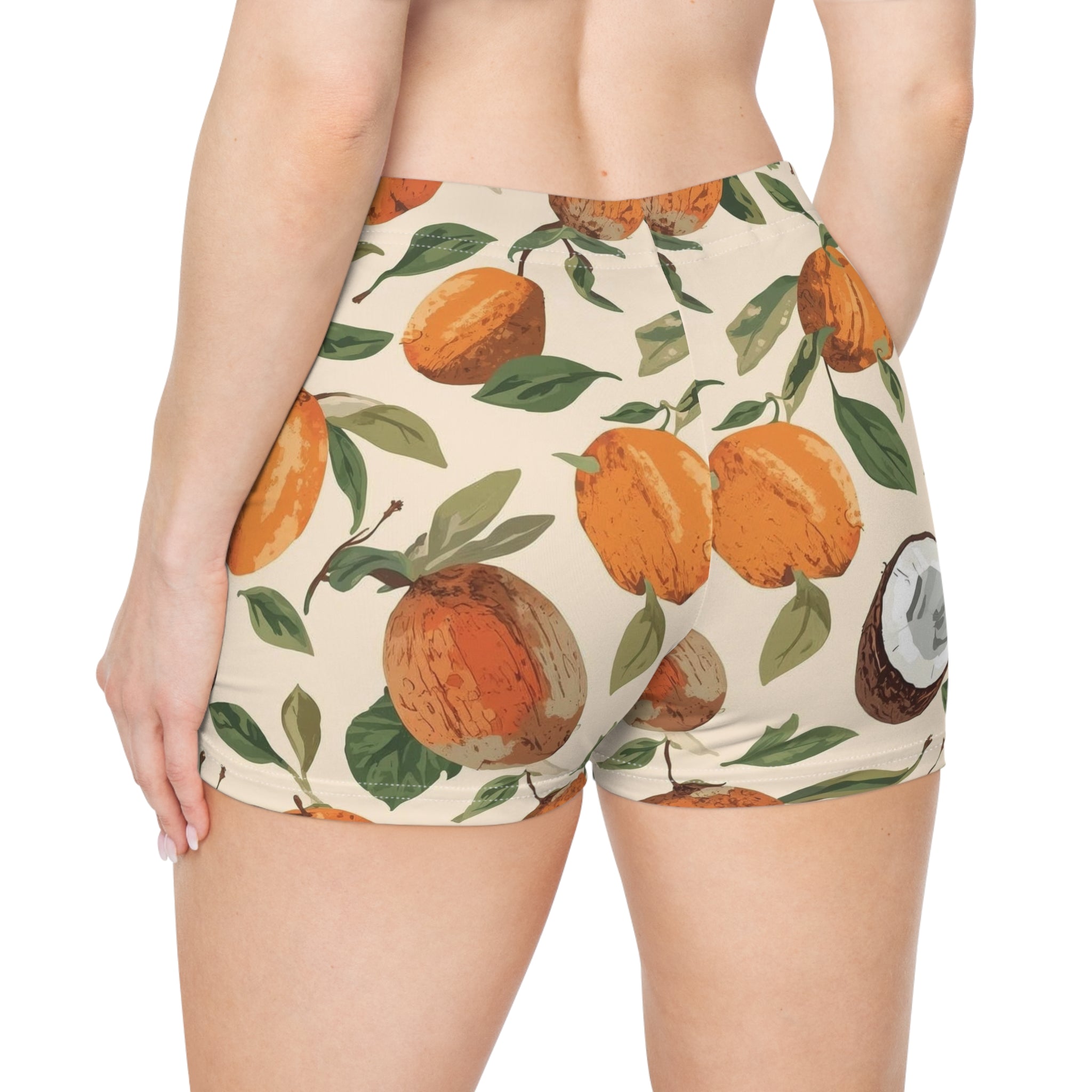Citrus Coconut Print Women's Shorts — Tropical Fruit All-Over-Print Active Shorts
