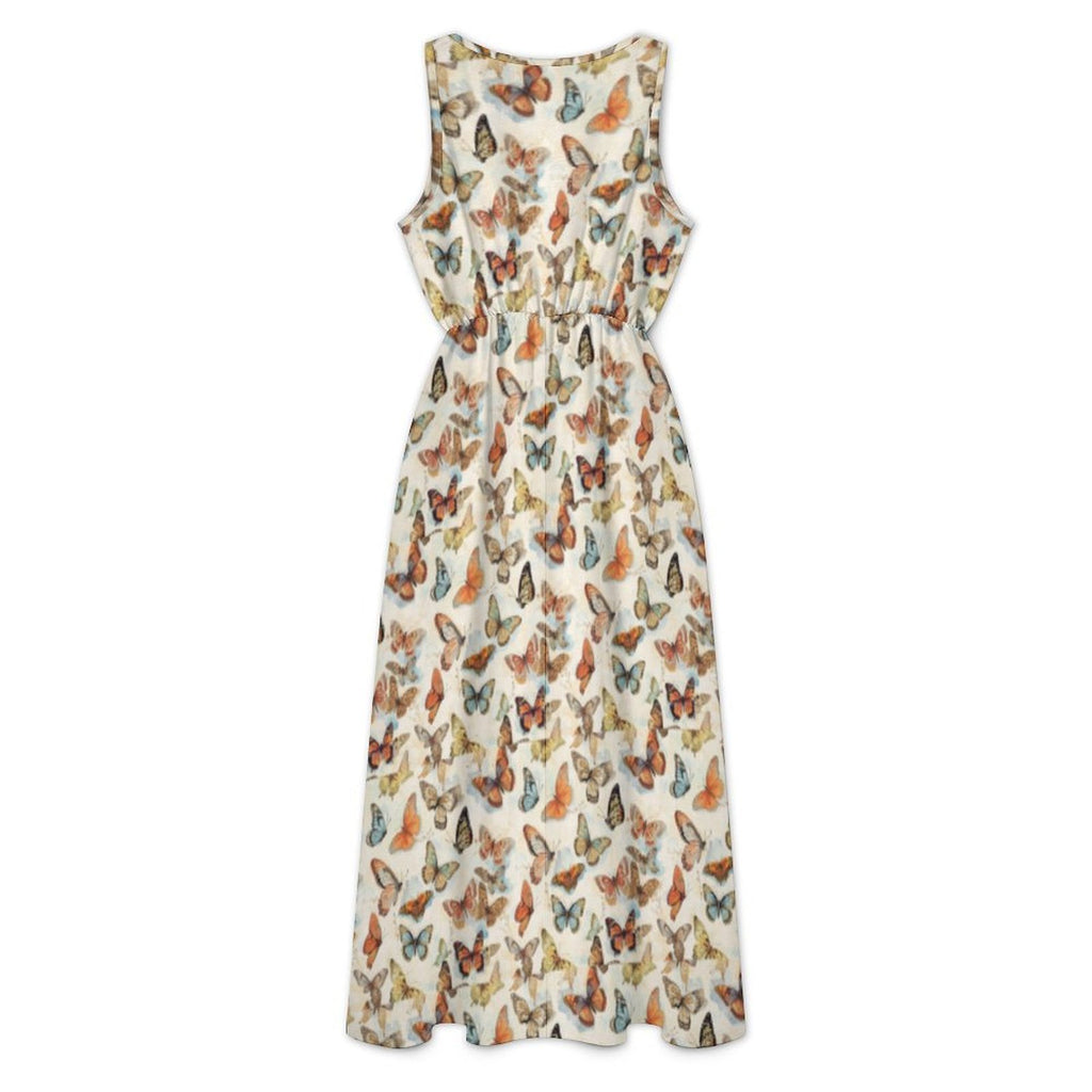 All-Over Print Women's Casual Sleeveless V-neck Midi Dress With Pockets