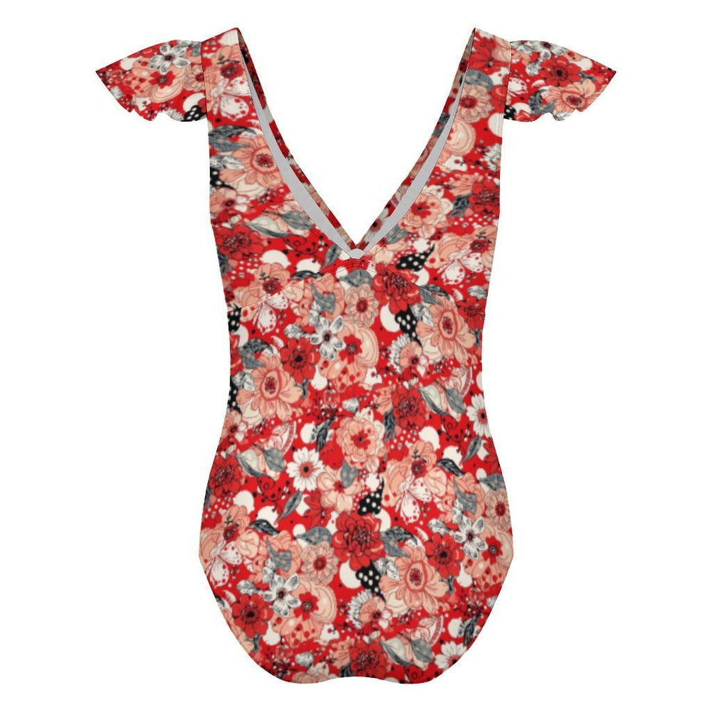 Custom Women's Deep V Neck Ruffle Sleeve High Cut One Piece Swimsuit
