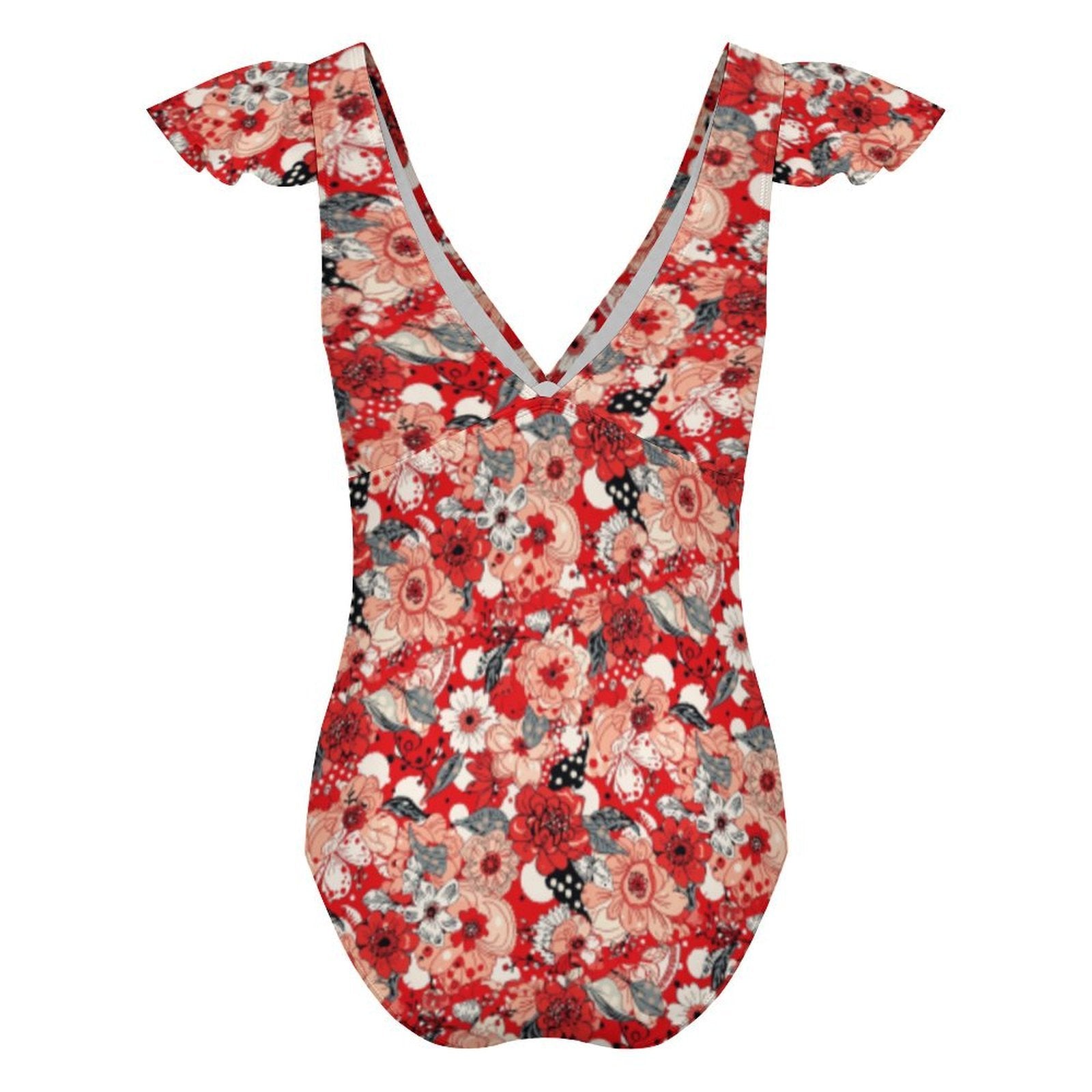 Custom Women's Deep V Neck Ruffle Sleeve High Cut One Piece Swimsuit
