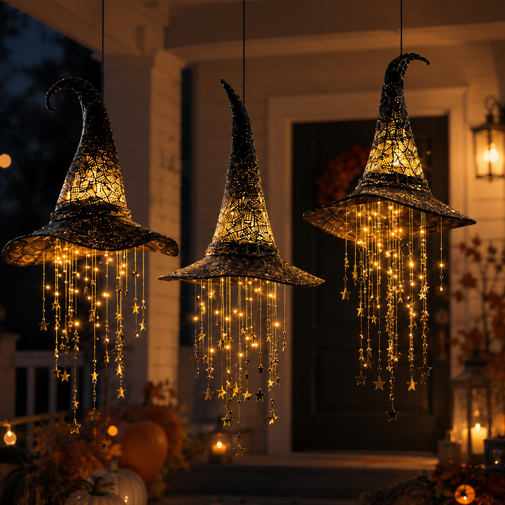 LED Light Up Witch Hat Halloween Hanging Decoration with Bell