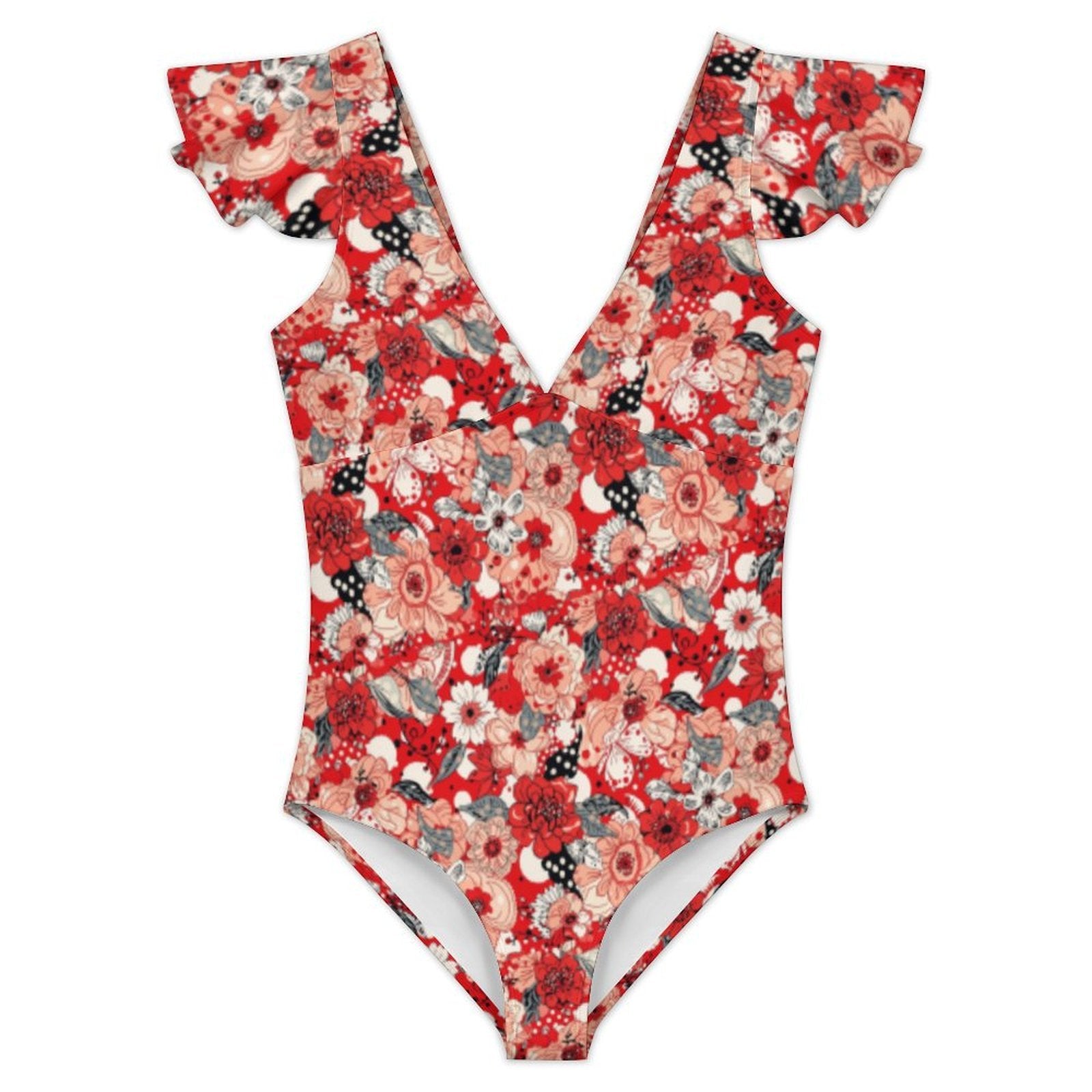 Custom Women's Deep V Neck Ruffle Sleeve High Cut One Piece Swimsuit