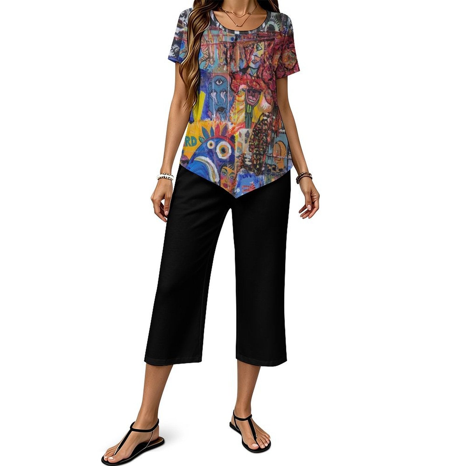 Custom Women Irregular Hem Top Cropped Wide Leg Pants Set