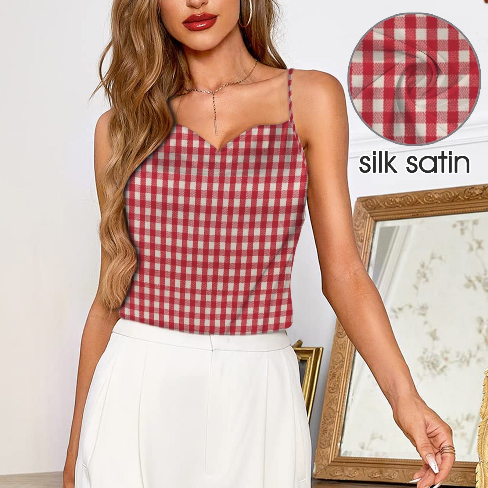red checkered picnic blanket pattern satin