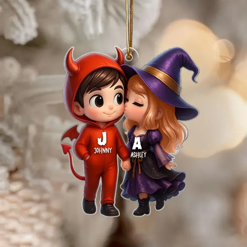 Personalized Name Halloween Style Acrylic Car Hanger Cute Couple Kissing Moment Halloween Gift for Boyfriend & Girlfriend