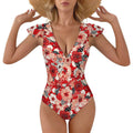 Custom Women's Deep V Neck Ruffle Sleeve High Cut One Piece Swimsuit