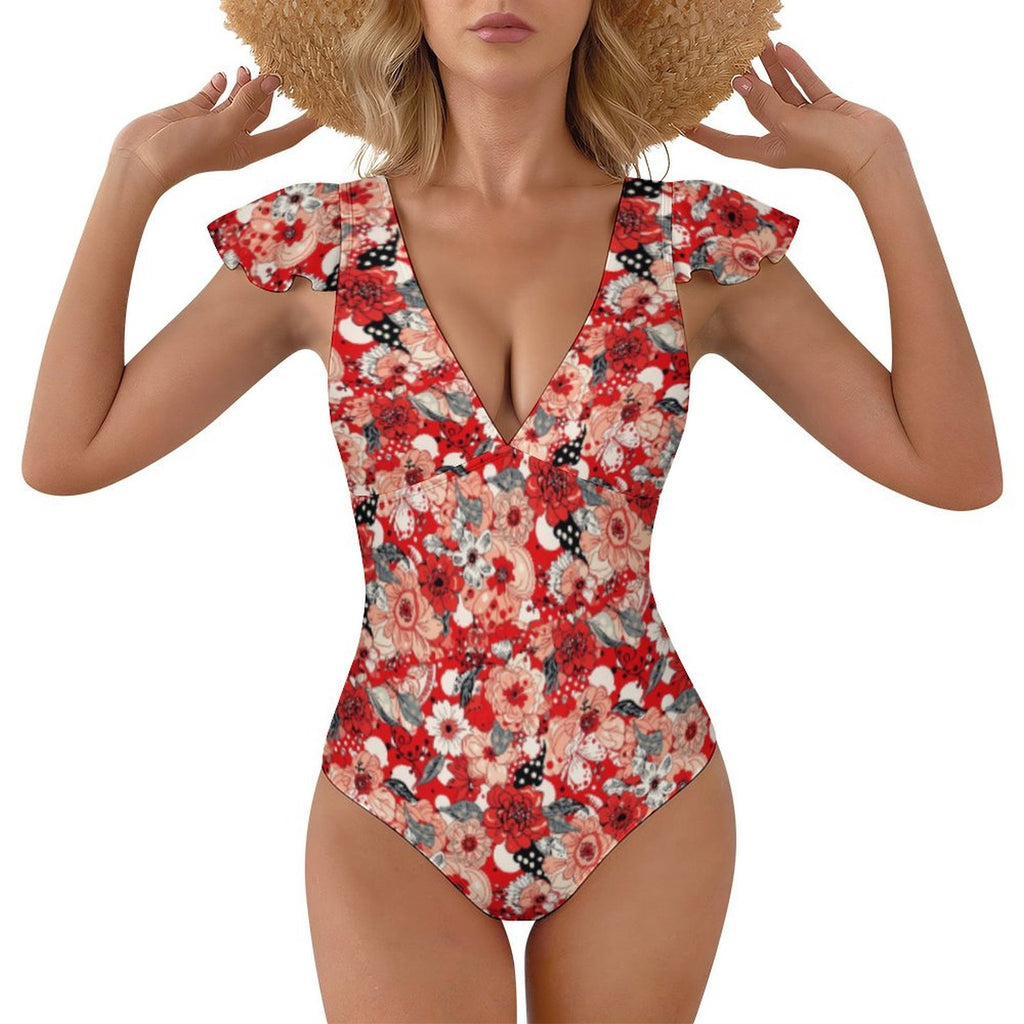 Custom Women's Deep V Neck Ruffle Sleeve High Cut One Piece Swimsuit