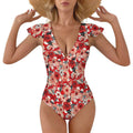 Custom Women's Deep V Neck Ruffle Sleeve High Cut One Piece Swimsuit