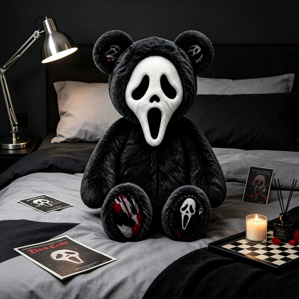 Black Bear Ghost Face Plush – Cute Spooky Halloween Stuffed Bear Toy, Gothic Horror Gift for Halloween Lovers