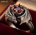 Dragon Bat Guarding Red Stone Ring – 10g Genuine 925 Sterling Silver Gothic Fantasy Ring for Men & Women, US Size 6-12