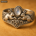 Double Rabbit Gazing Moonstone Ring 10g Genuine Silver Lucky Animal Ring