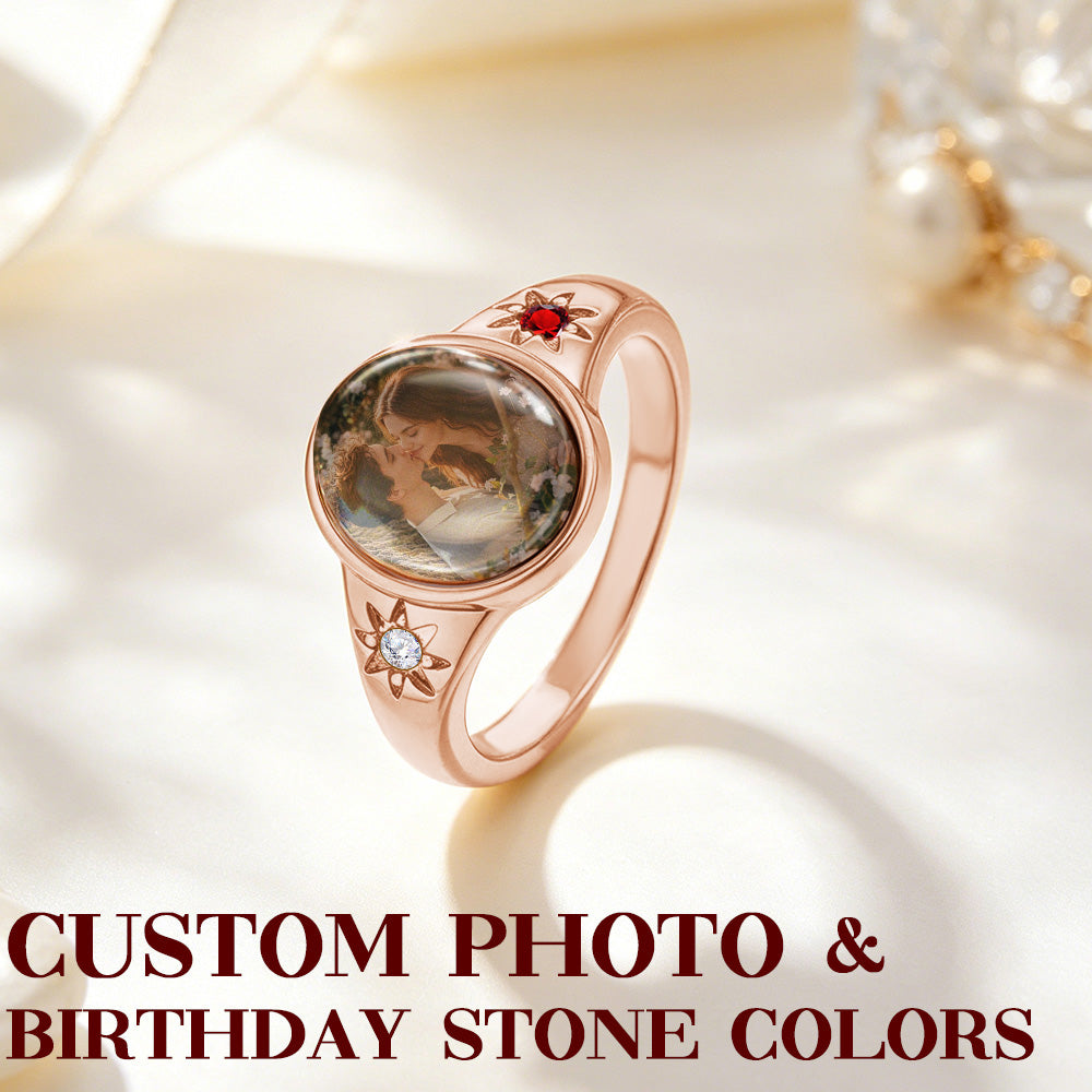Custom Oval Photo Ring with 2 Birthstones – Personalized Gold Picture Ring Gift for Her Birthday Gift