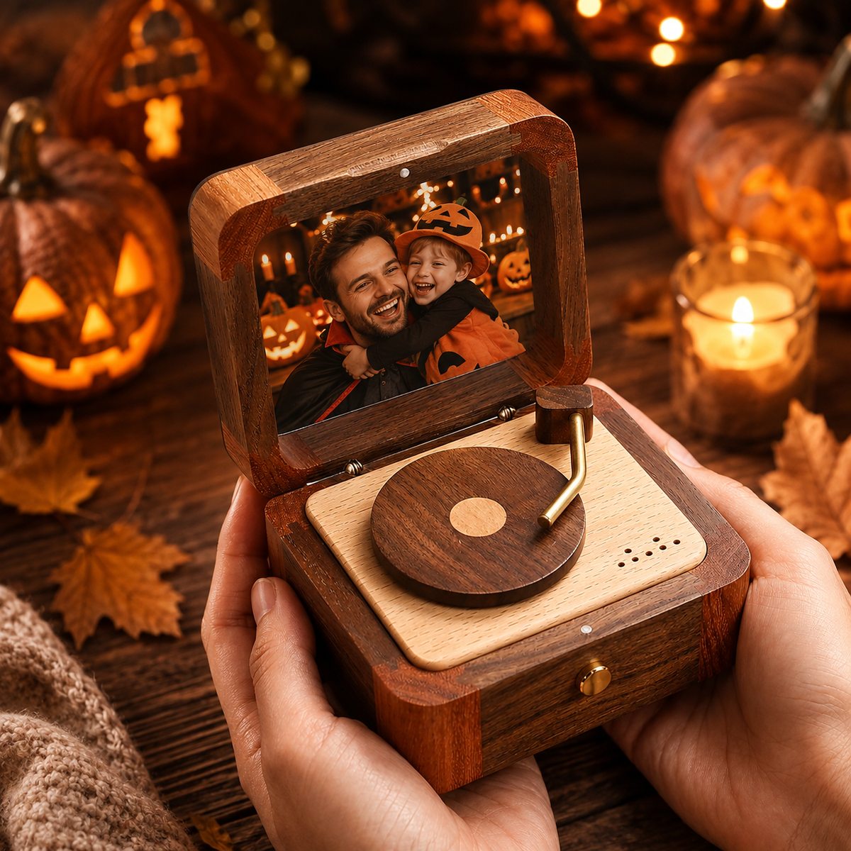 Personalized Halloween Photo Music Box, Custom Wooden Record Player Keepsake, Vintage Memory Gift for Dad, Husband & Him