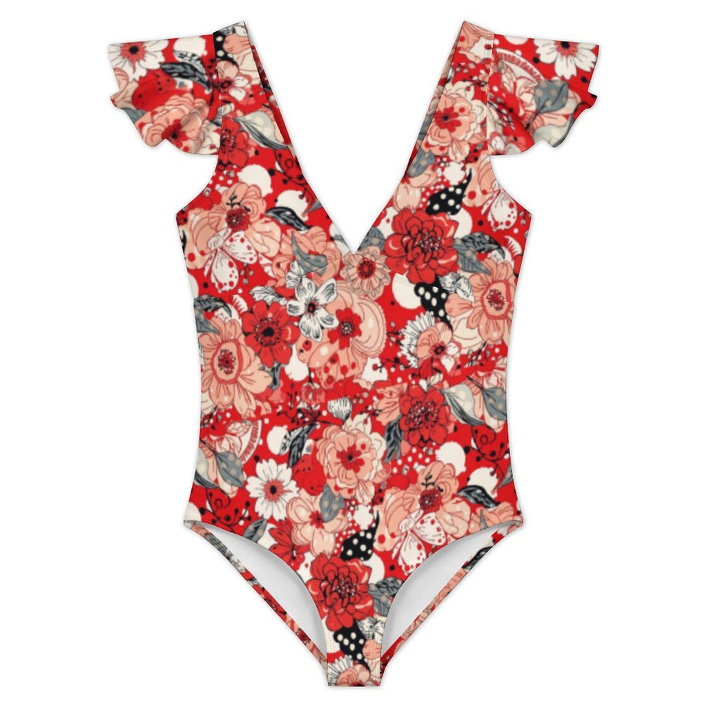 Custom Women's Deep V Neck Ruffle Sleeve High Cut One Piece Swimsuit