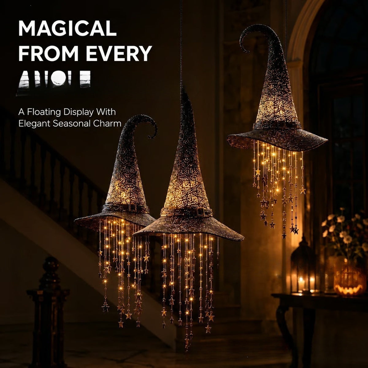 LED Light Up Witch Hat Halloween Hanging Decoration with Bell
