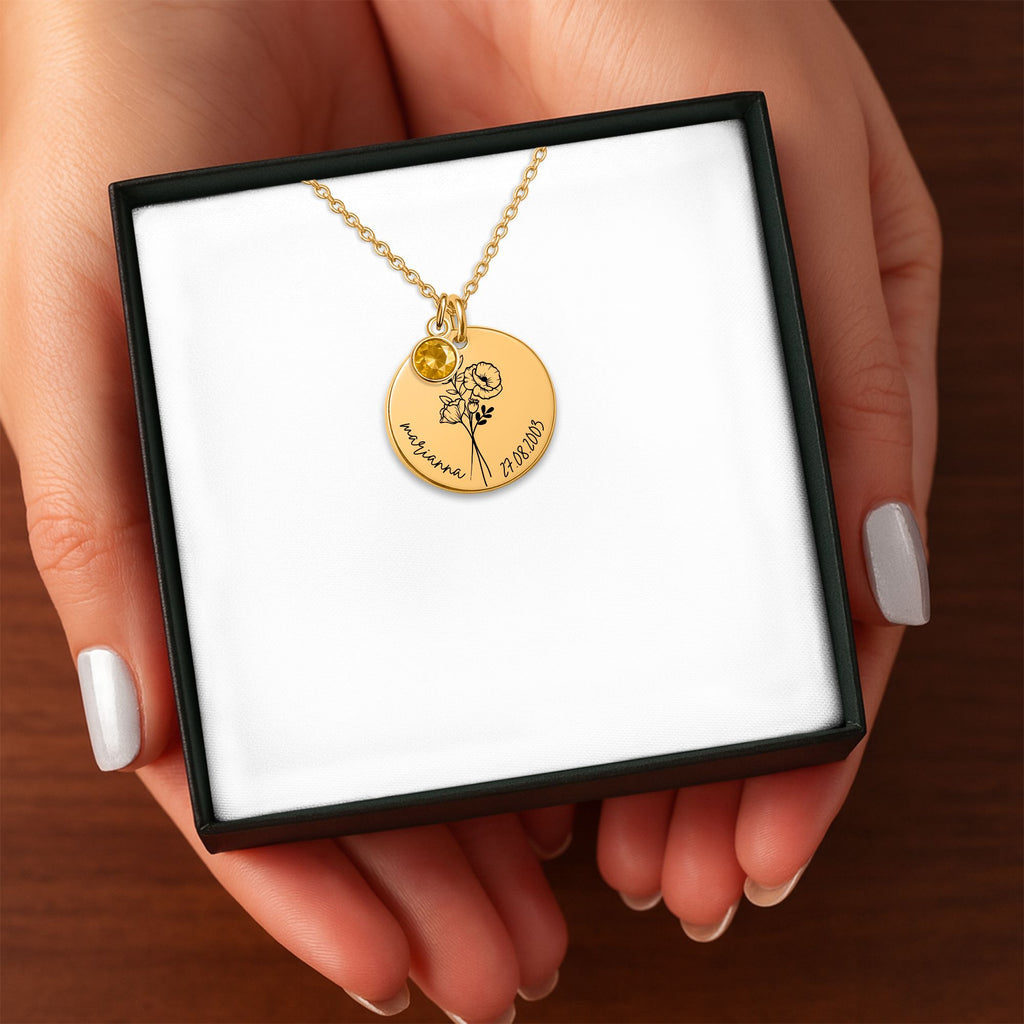 Coin Necklace with Birthstone Customize with Name and Birth Year