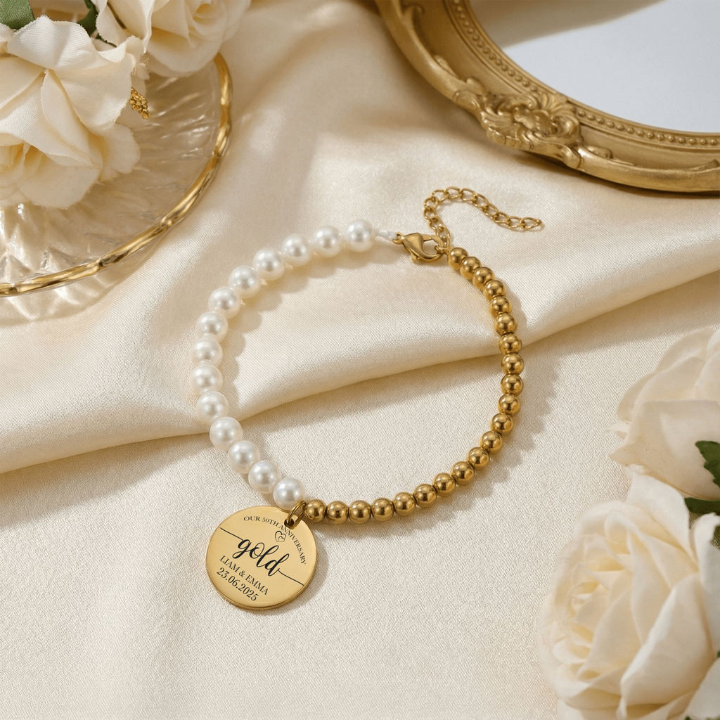 Premium Pearl & Gold Coin Bracelet: Mother of Pearl Anniversary Date Customize