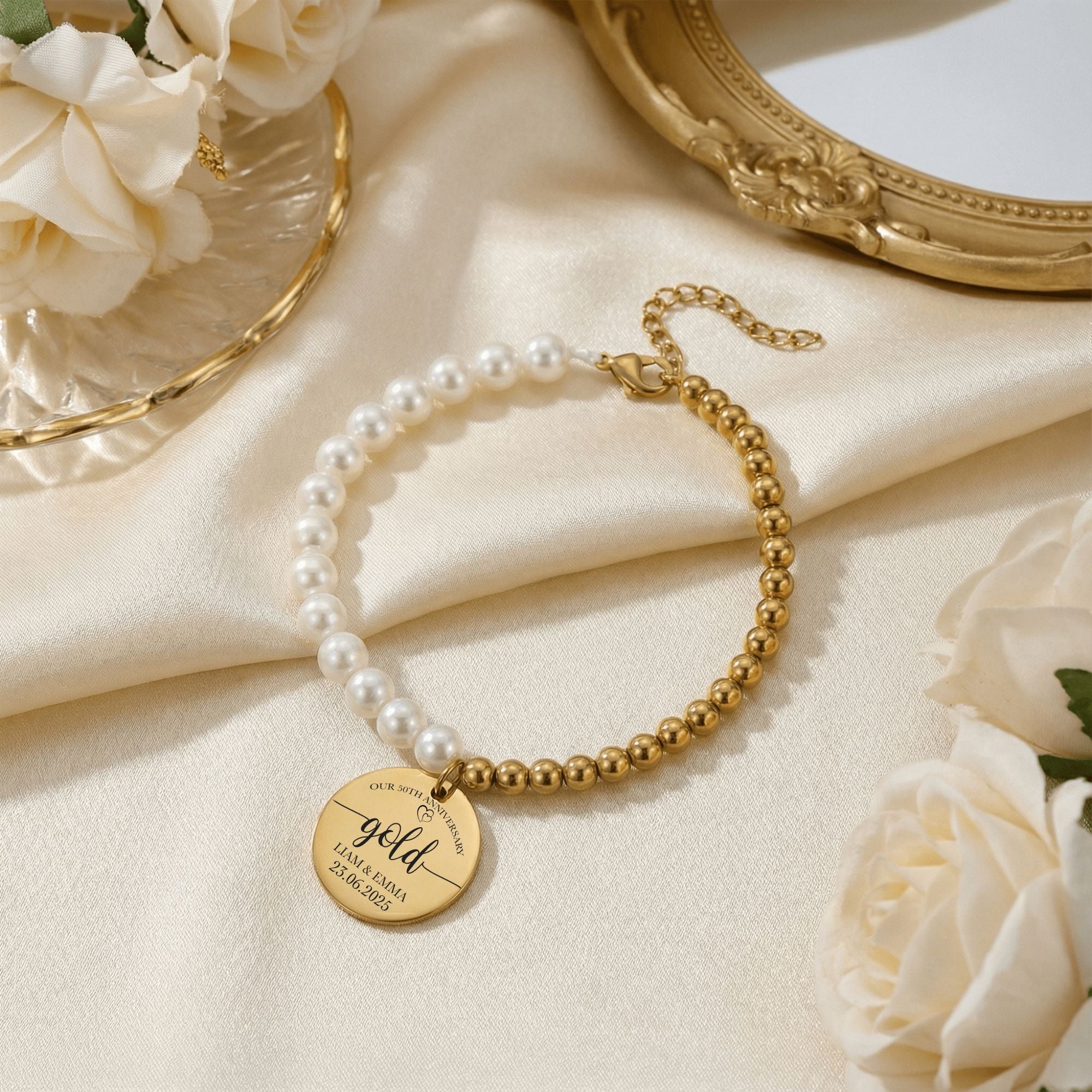 Premium Pearl & Gold Coin Bracelet: Mother of Pearl Anniversary Date Customize