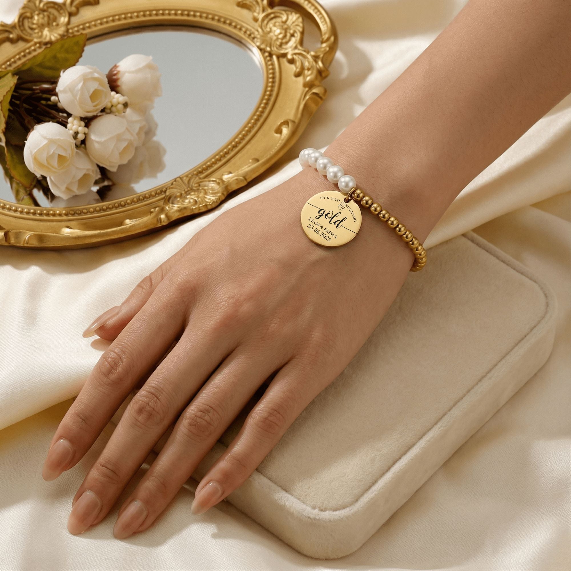 Premium Pearl & Gold Coin Bracelet: Mother of Pearl Anniversary Date Customize