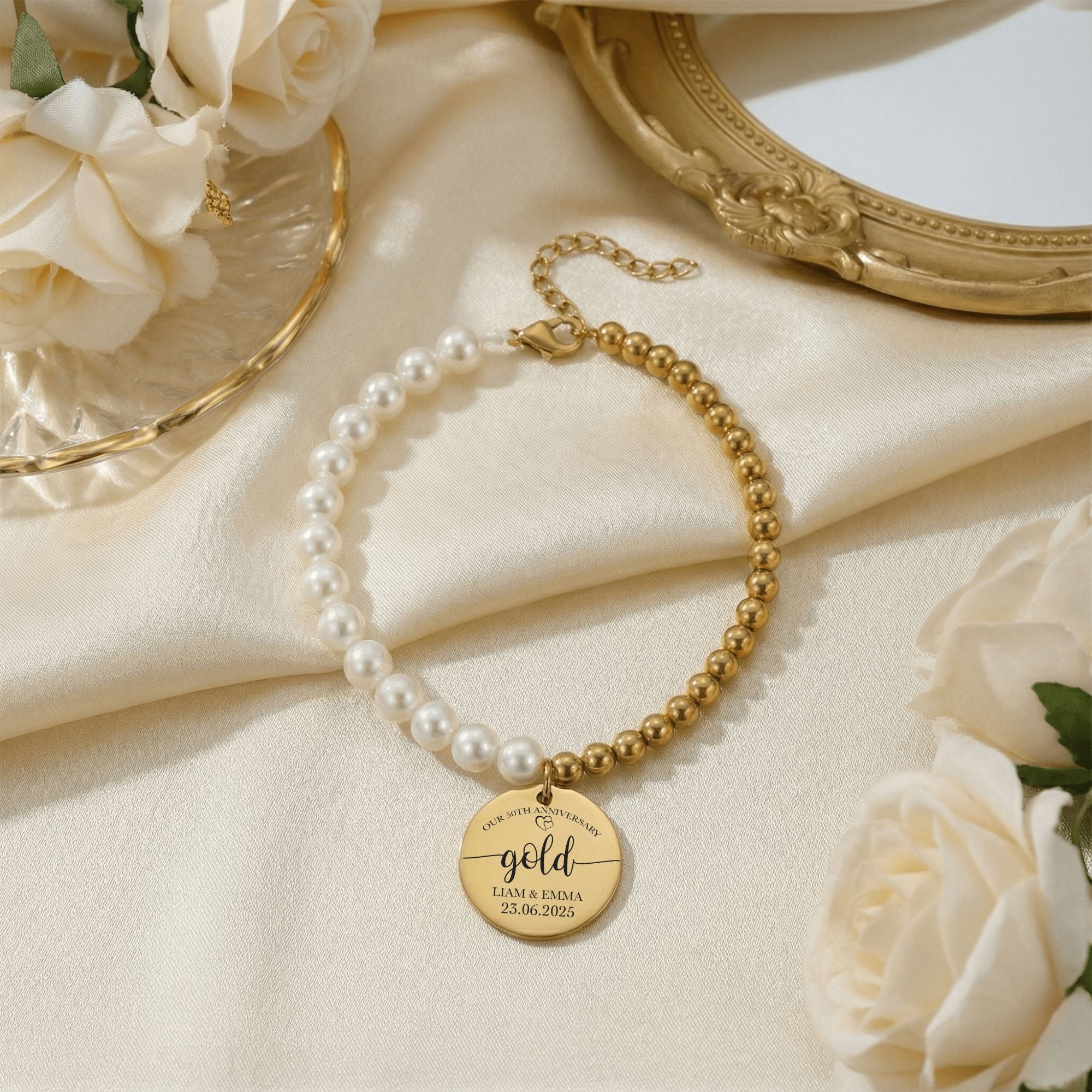 Premium Pearl & Gold Coin Bracelet: Mother of Pearl Anniversary Date Customize