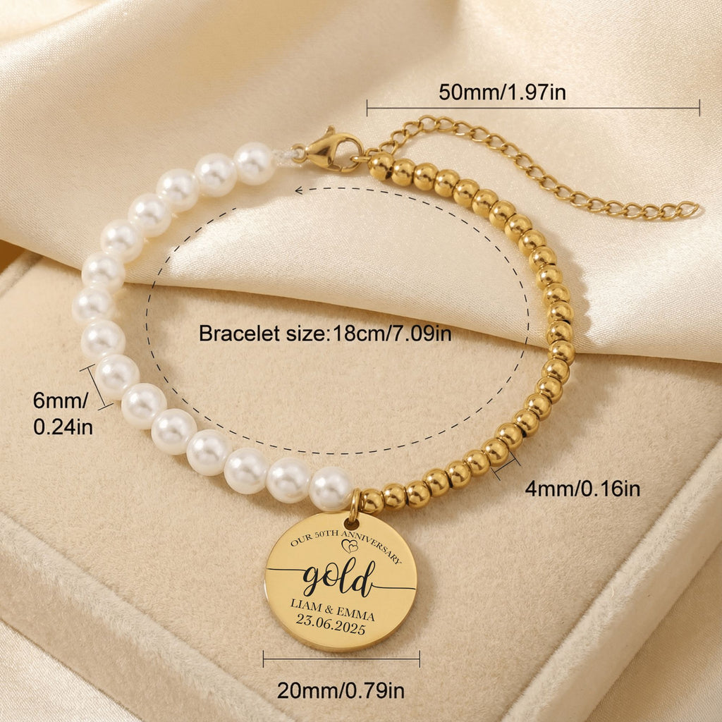 Premium Pearl & Gold Coin Bracelet: Mother of Pearl Anniversary Date Customize