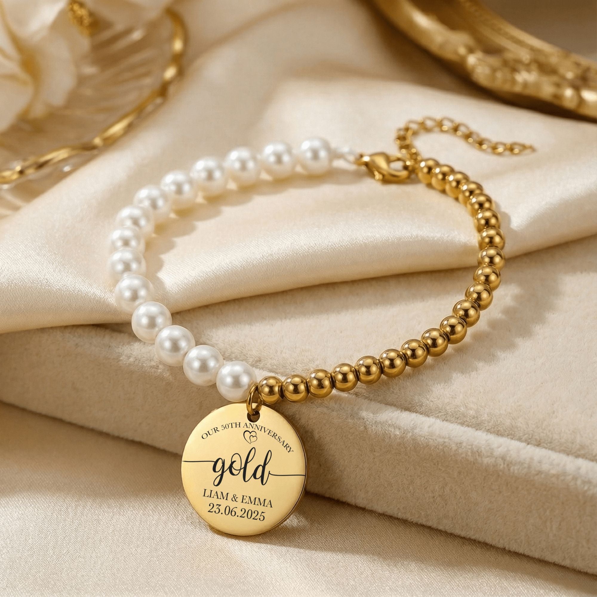Premium Pearl & Gold Coin Bracelet: Mother of Pearl Anniversary Date Customize