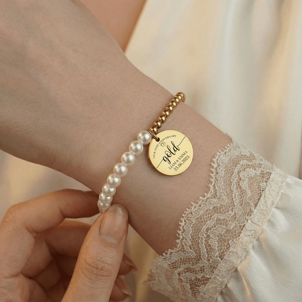 Premium Pearl & Gold Coin Bracelet: Mother of Pearl Anniversary Date Customize
