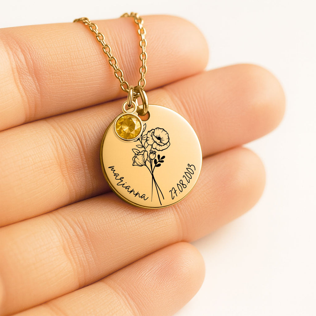 Coin Necklace with Birthstone Customize with Name and Birth Year