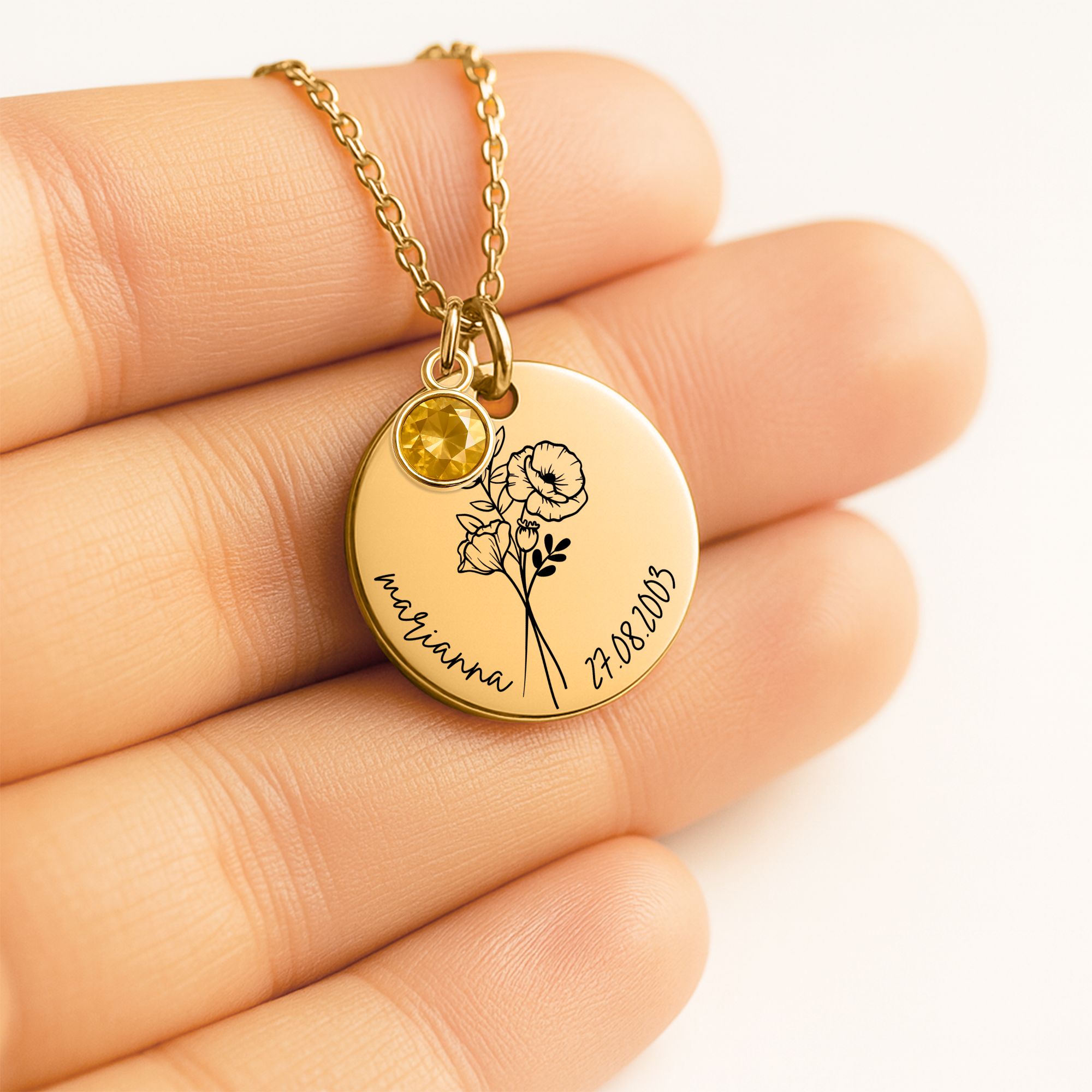 Coin Necklace with Birthstone Customize with Name and Birth Year