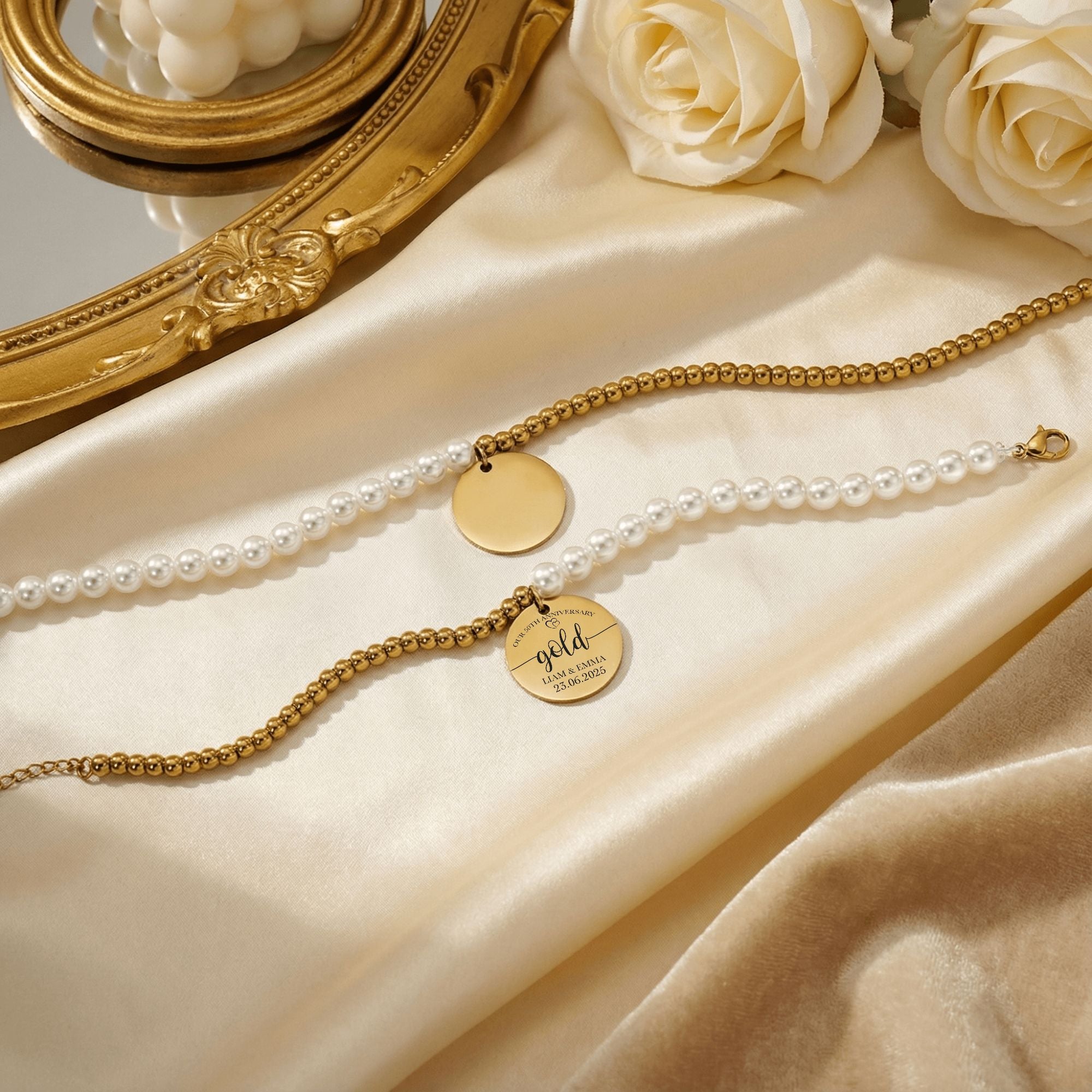 Premium Pearl & Gold Coin Bracelet: Mother of Pearl Anniversary Date Customize