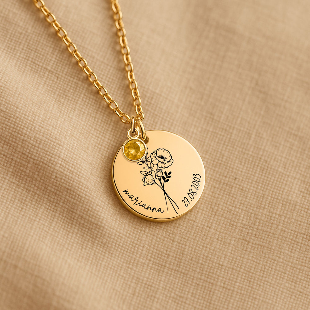 Coin Necklace with Birthstone Customize with Name and Birth Year
