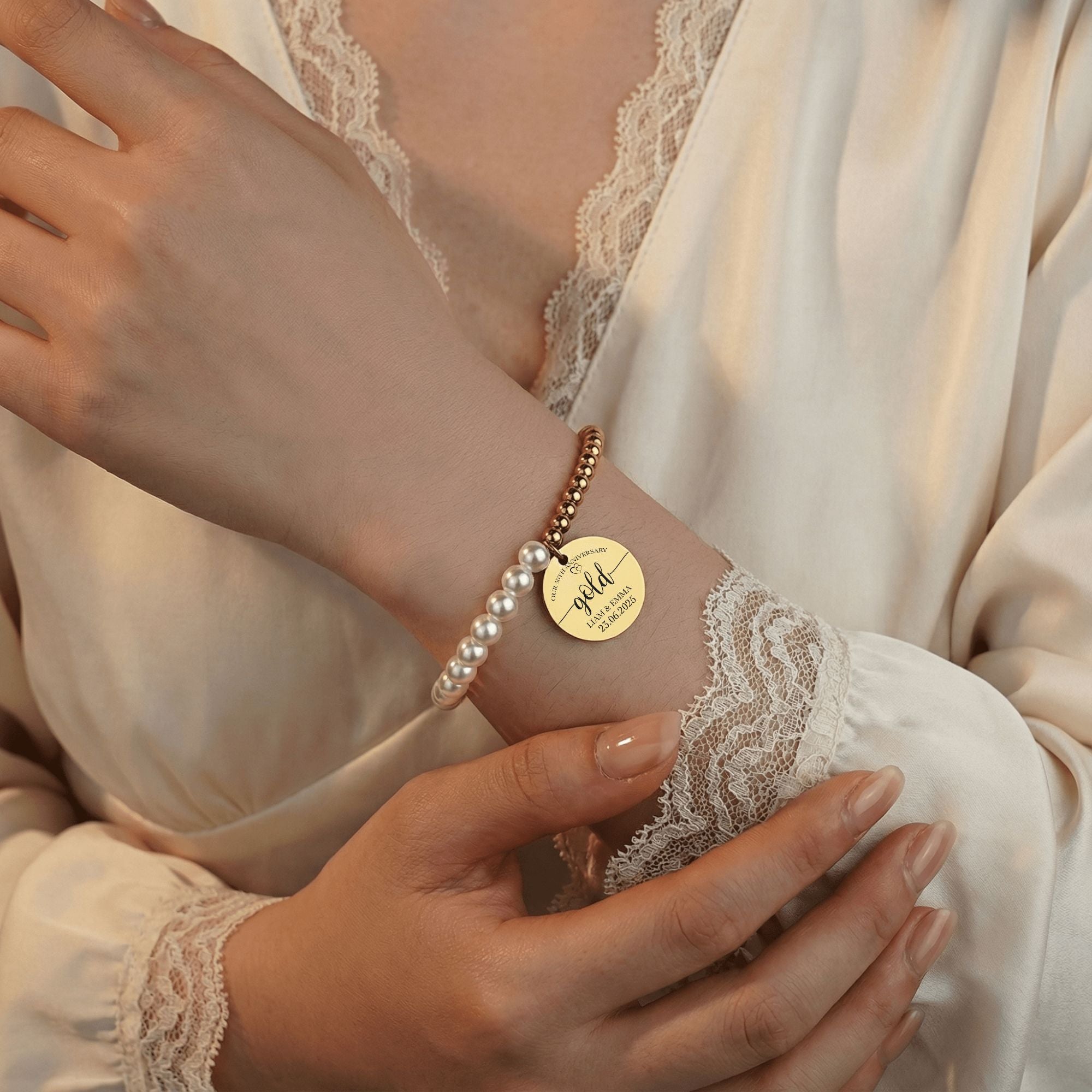 Premium Pearl & Gold Coin Bracelet: Mother of Pearl Anniversary Date Customize