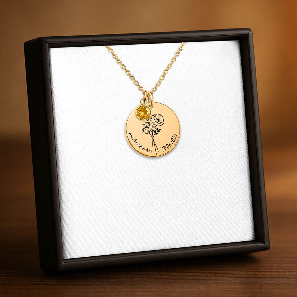 Coin Necklace with Birthstone Customize with Name and Birth Year