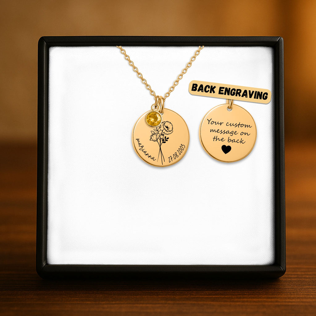 Coin Necklace with Birthstone Customize with Name and Birth Year
