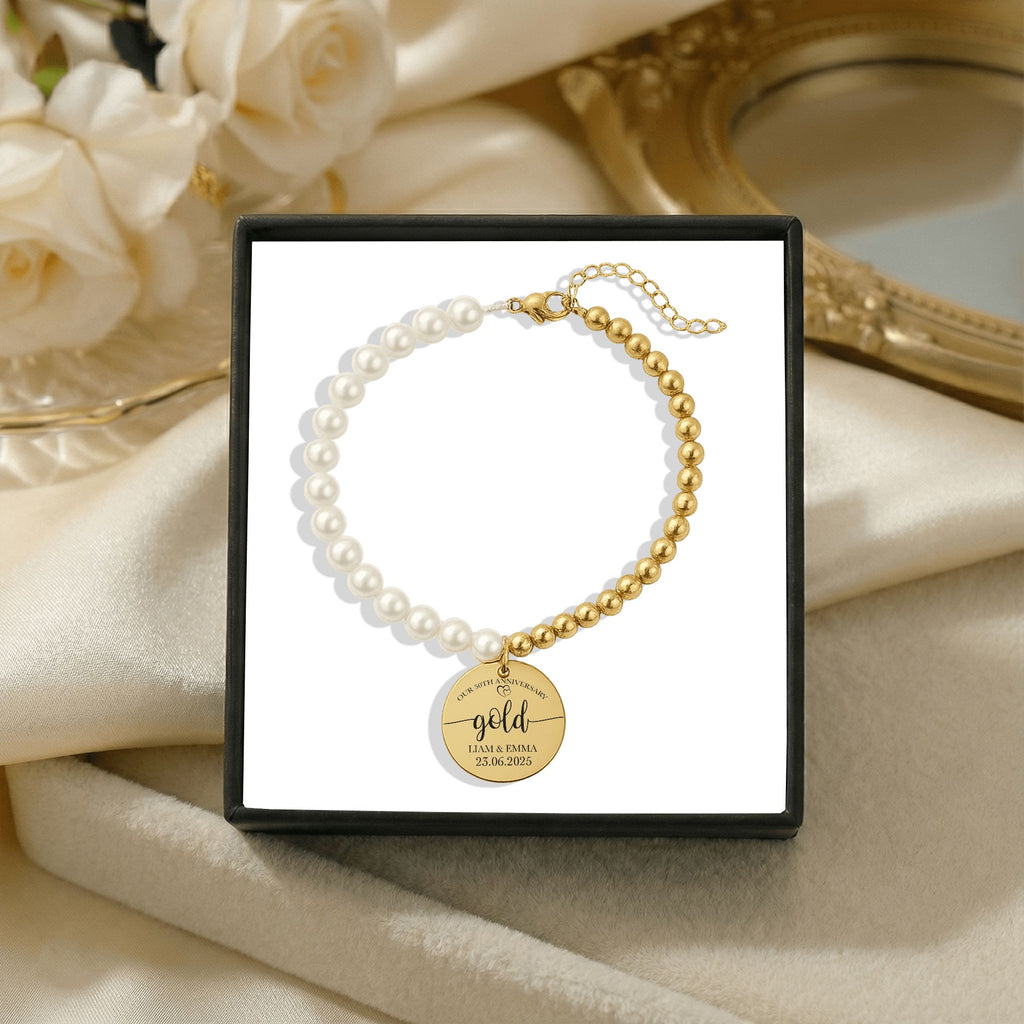 Premium Pearl & Gold Coin Bracelet: Mother of Pearl Anniversary Date Customize