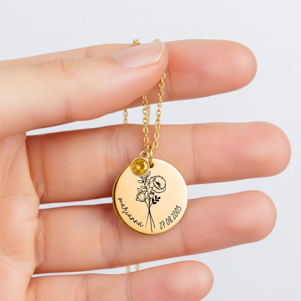 Coin Necklace with Birthstone Customize with Name and Birth Year