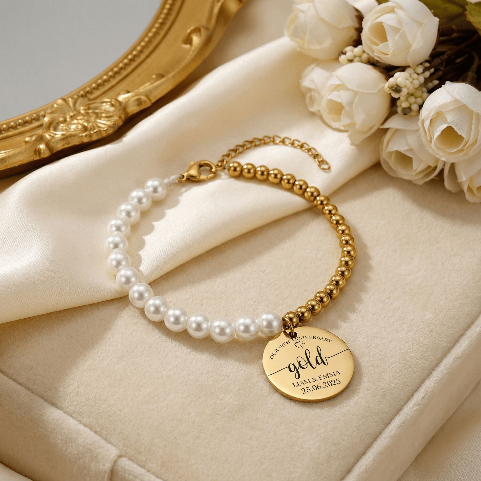 Premium Pearl & Gold Coin Bracelet: Mother of Pearl Anniversary Date Customize