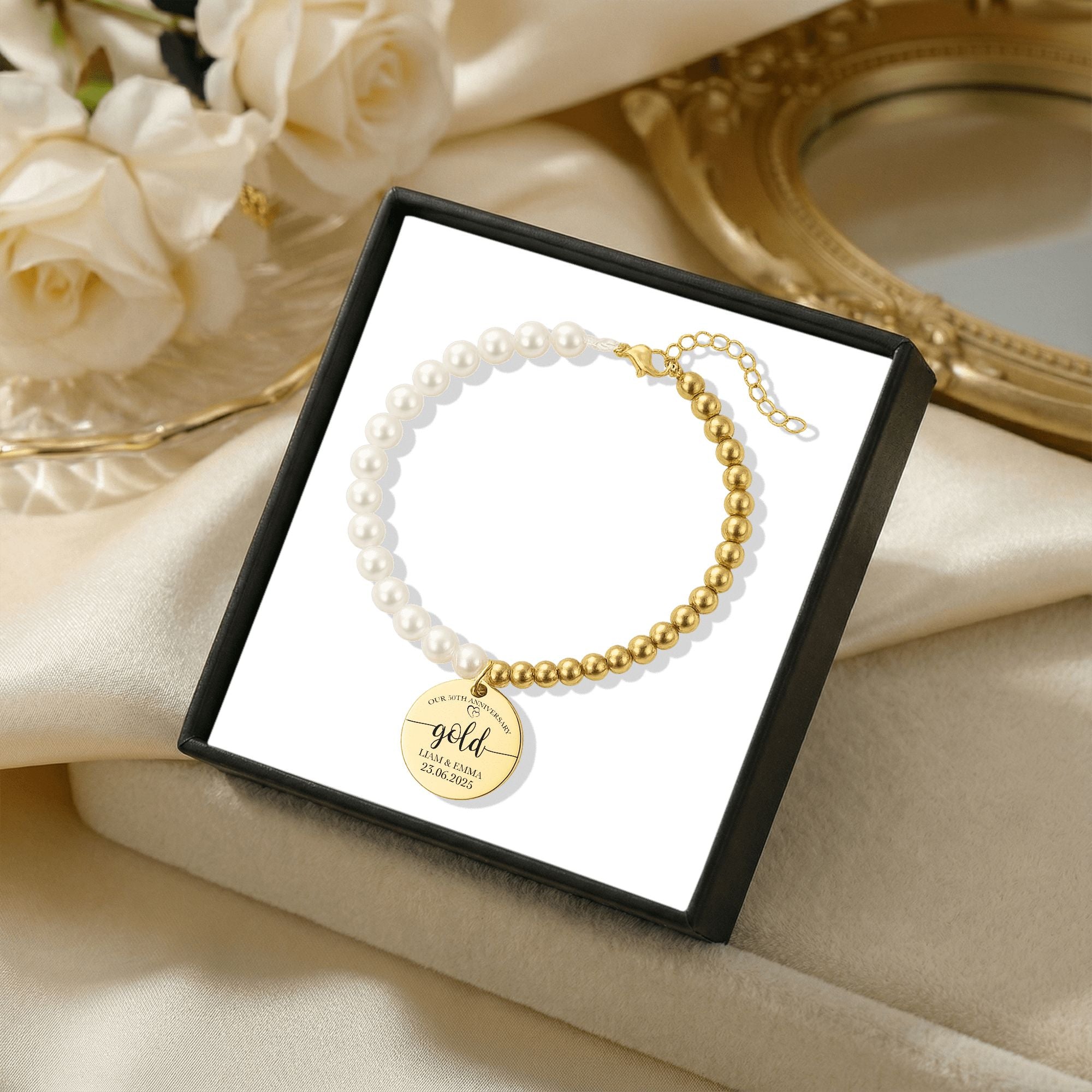 Premium Pearl & Gold Coin Bracelet: Mother of Pearl Anniversary Date Customize