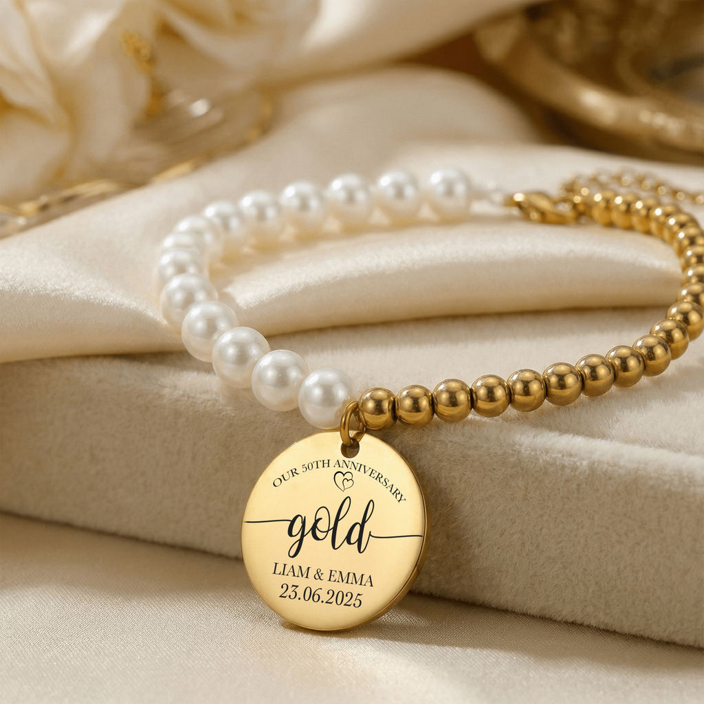 Premium Pearl & Gold Coin Bracelet: Mother of Pearl Anniversary Date Customize